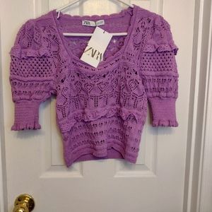 Zara Pointelle Knit lilac crochet top